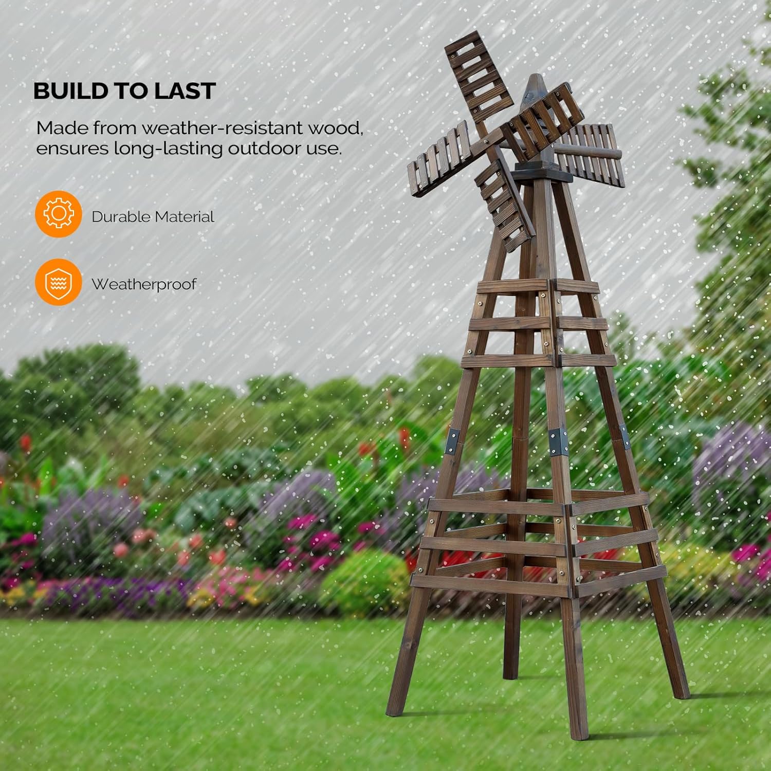 Wooden Windmill, Weather-Proof Wind Spinner, Outdoor Wind Mill for Garden Lawn Patio Decoration (Carbonized, Medium)