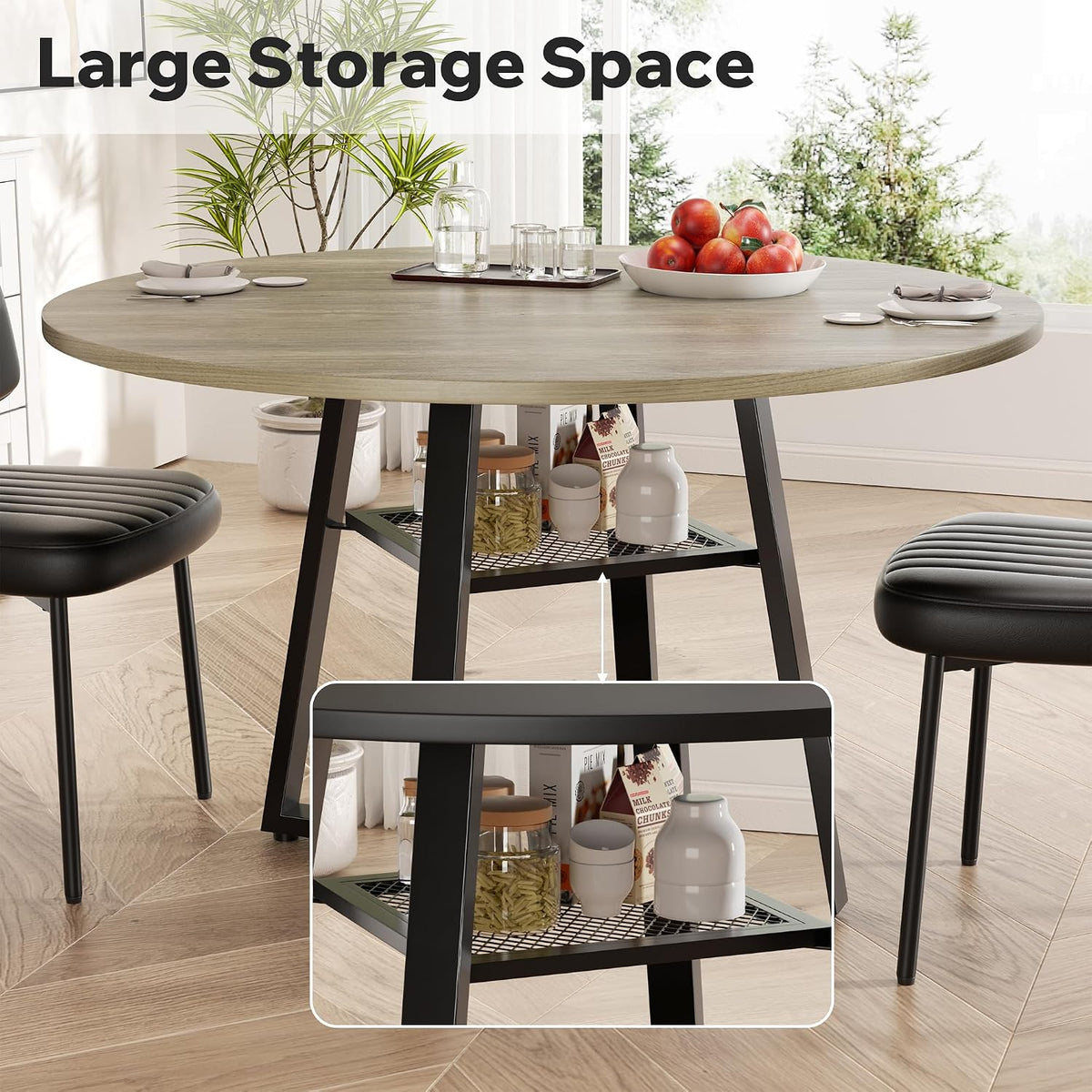 Round Dining Table for 4-6 People,47 Inch Dining Room Table,Modern Circle Kitchen Table with Storage Shelf and Metal Legs for Dining Room,Kitchen,Grey (Table Only)