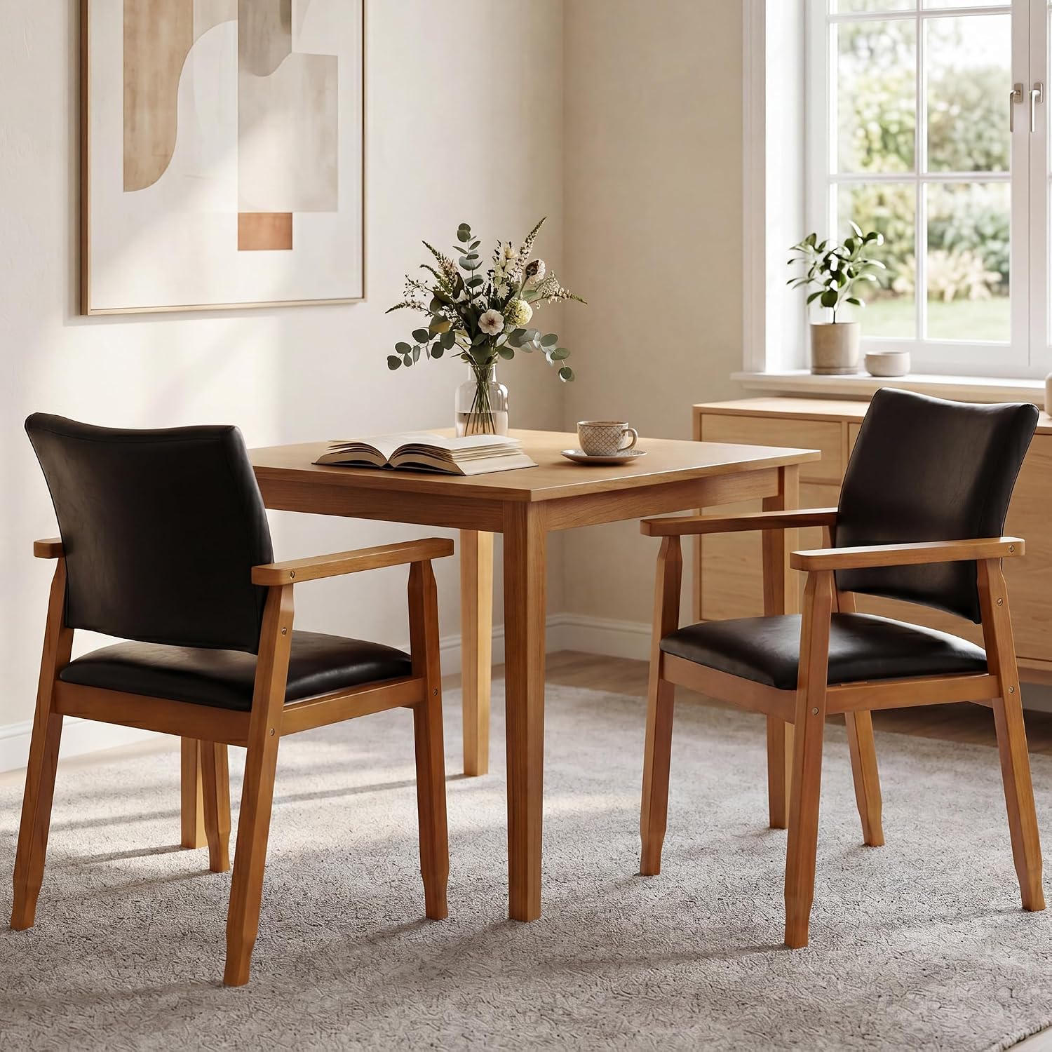 GOTMINSI Mid-Century Modern PU Leather Dining Chair with Arms, Solid Wood Frame, 320 lbs Weight Capacity, Upholstered Accent Chair for Kitchen Dining Room Living Room (Black,1pcs)