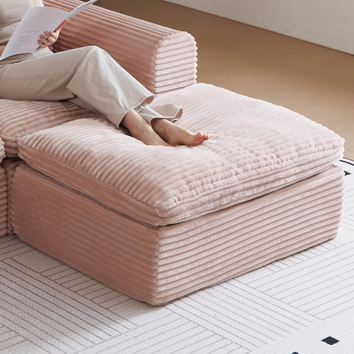 38.7" Plush Corduroy Ottoman, Upholstered Cloud Ottoman for Couch in a Box,Oversize Poufs for Living Room & Bedroom Sofa Ottomans,Comfy Seating with Dense Foam Padding,Pink