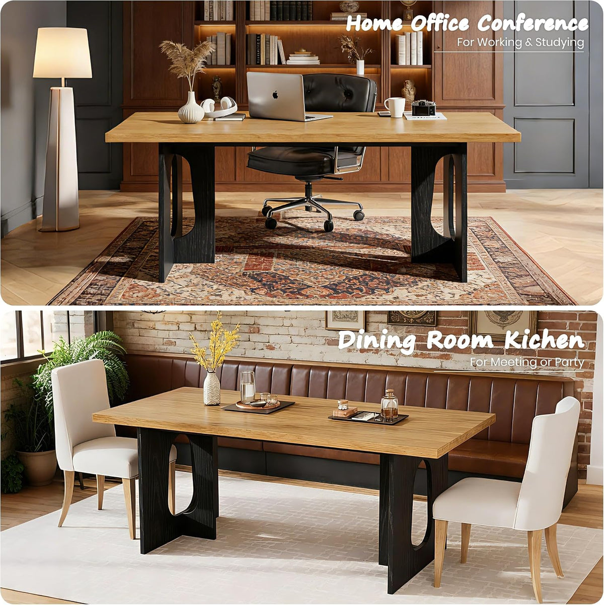 GarveeHome Dining Table for 6-8 People - 71" Modern Long Kitchen Table with Large Tabletop & Heavy Duty Pedestal Legs, Dinner Table for Kitchen, Conference Room, Home, Natural & Black