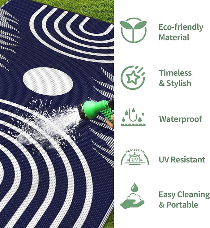 GENIMO Outdoor Rug 6' x 9' Waterproof for Patio Clearance, Reversible Lightweight Plastic Straw Camping Carpet, Large Area Rugs Mats for Rv, Backyard, Deck, Porch, Picnic, Balcony, Mix-Blue & White
