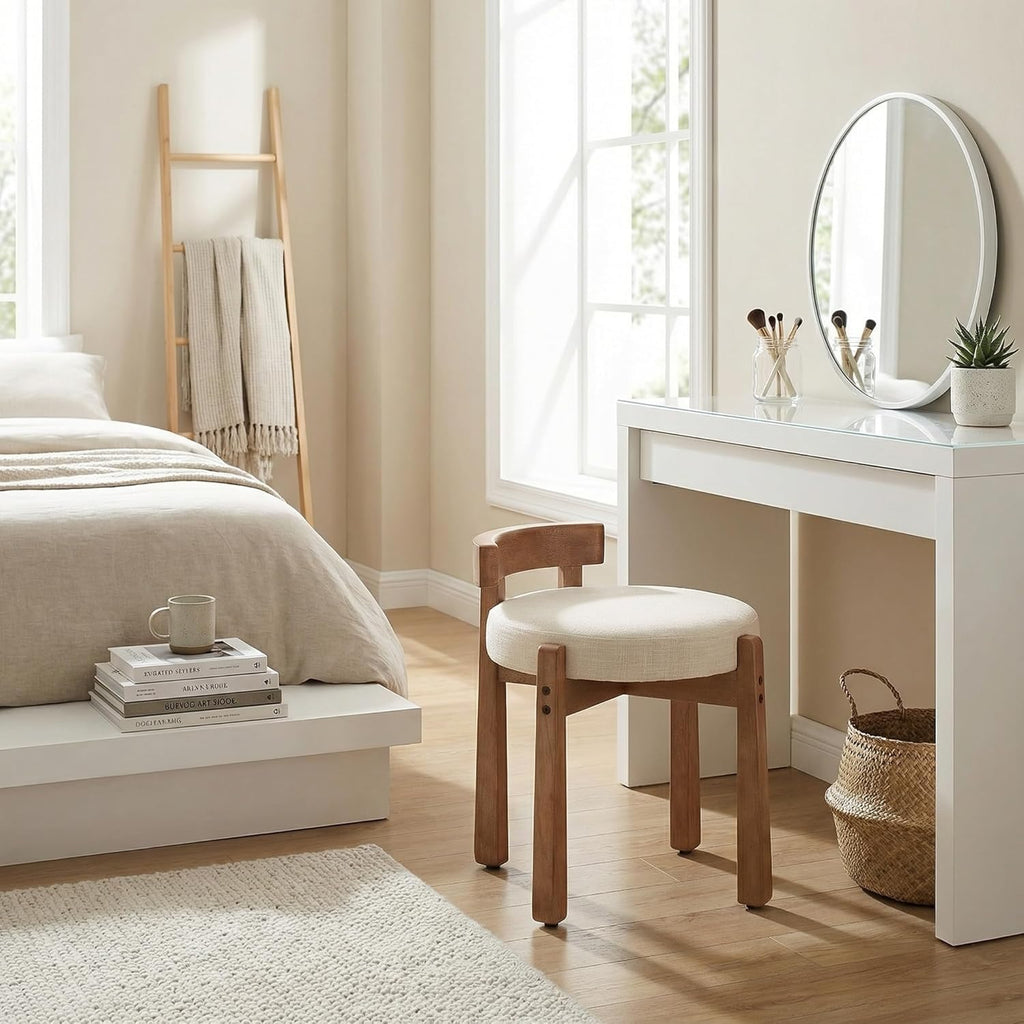HNY Modern Linen Ottoman- Low-Back Makeup Seat & Lounge Footrest with Solid Wood Frame, Casual Style for Bedroom Dressing Area, Beige