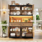 FINETONES 71" Pantry Cabinet with LED Light and Charging Station | Farmhouse Kitchen Pantry Cabinet with Microwave Stand, 47.2" Wide Kitchen Hutch Food Pantry with Open Countertop, Black/Brown