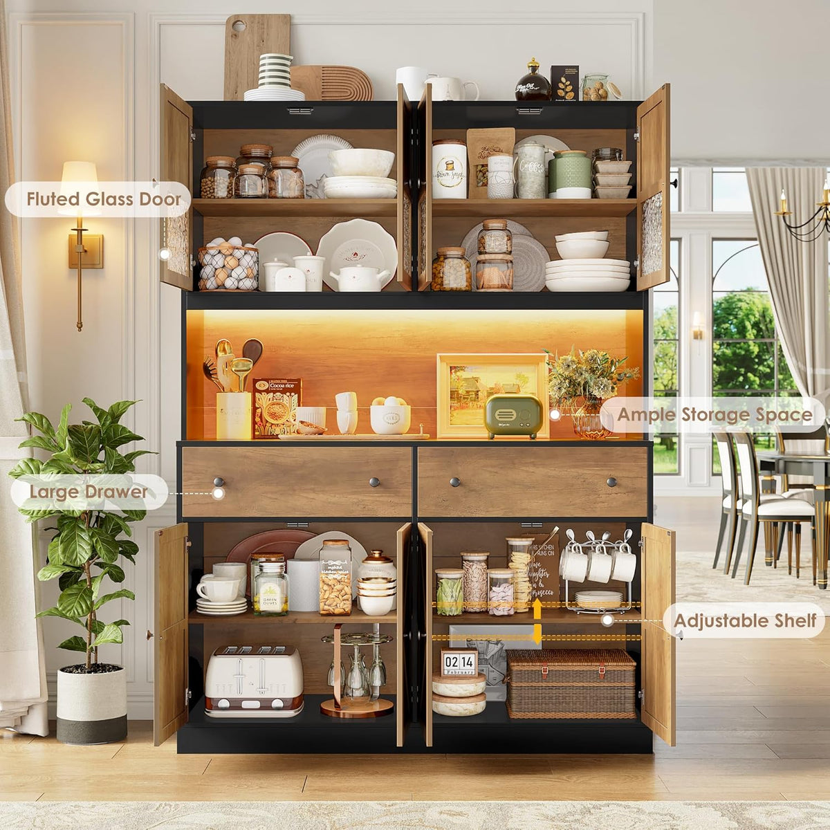 FINETONES 71" Pantry Cabinet with LED Light and Charging Station | Farmhouse Kitchen Pantry Cabinet with Microwave Stand, 47.2" Wide Kitchen Hutch Food Pantry with Open Countertop, Black/Brown