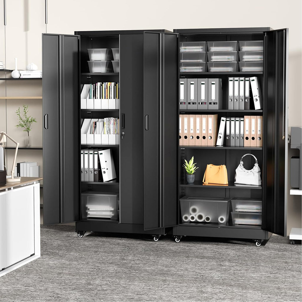 Greenvelly 73" Metal Garage Storage Cabinet with Wheels, Black Lockable Metal Cabinet with 2 Doors and 4 Adjustable Shelves, Rolling Steel Tool Organization for Garage, Home, Office, School