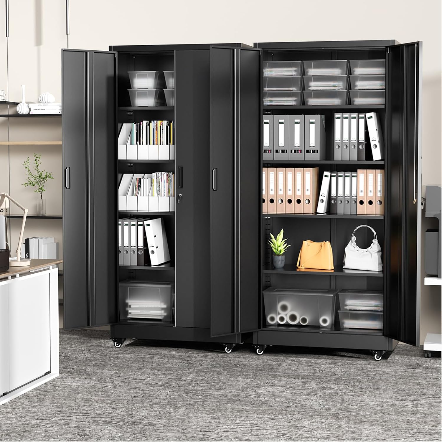 Greenvelly 73" Metal Garage Storage Cabinet with Wheels, Black Lockable Metal Cabinet with 2 Doors and 4 Adjustable Shelves, Rolling Steel Tool Organization for Garage, Home, Office, School