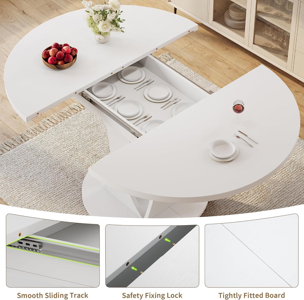 iPormis 43"-59" Extendable Dining Table, Round Kitchen Table with Modern Arcs Pedestal, Oval Dinner Table with Removable Leaves,Hidden Storage, for Kitchen, Dining Room, Living Room, Office, White