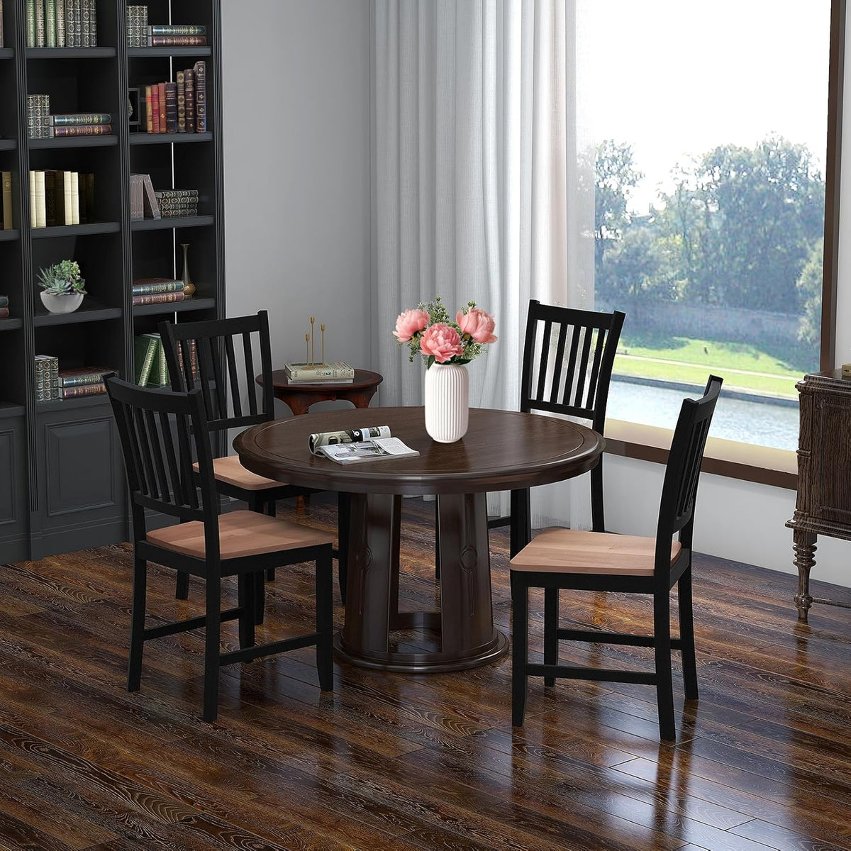 POWERSTONE Dining Chairs Set of 4, Wooden Windsor Kitchen Chair with Large Seat Spindle High Back for Kitchen and Dining Room, Black