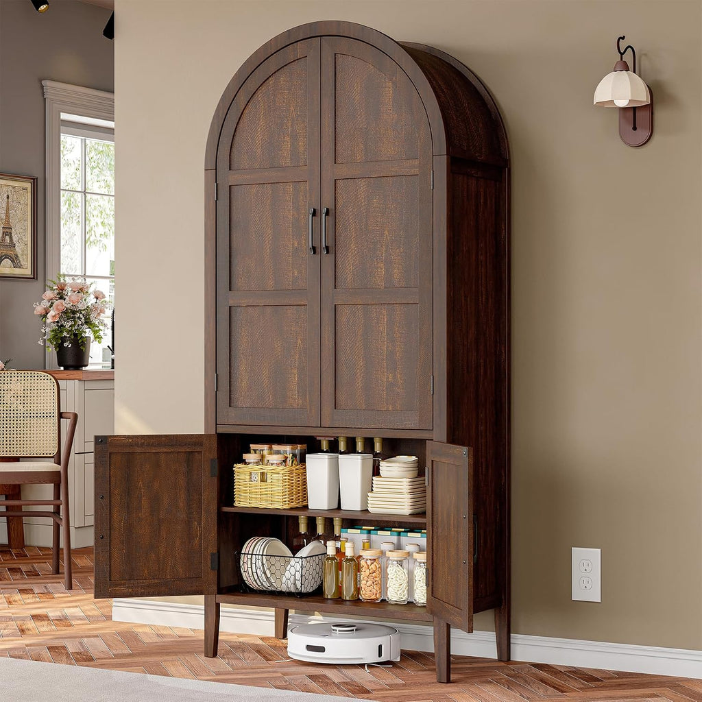 ONBRILL 71" Tall Wooden Arched Cabinet, 5-Tier Arched Kitchen Pantry Cabinet with Doors & Shelves, Farmhouse Kitchen Arch Cabinets with Adjustable Feet, Wooden Pantry Storage for Dining Room(Brown)