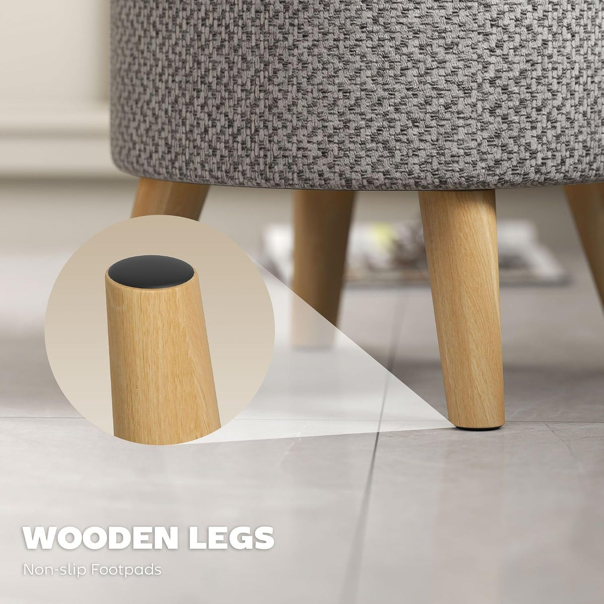 Light Gray Round Storage Ottoman with Hidden Lid and Linen Fabric