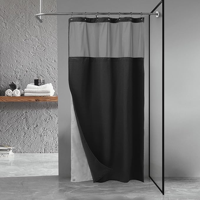 N&Y HOME Stall Waffle Weave Shower Curtain with Snap-in Fabric Liner & Hooks Set - 36" x 72" Small Shower Stall Size, Hotel Style & Mesh Top Window, Machine Washable - 36x72, Black
