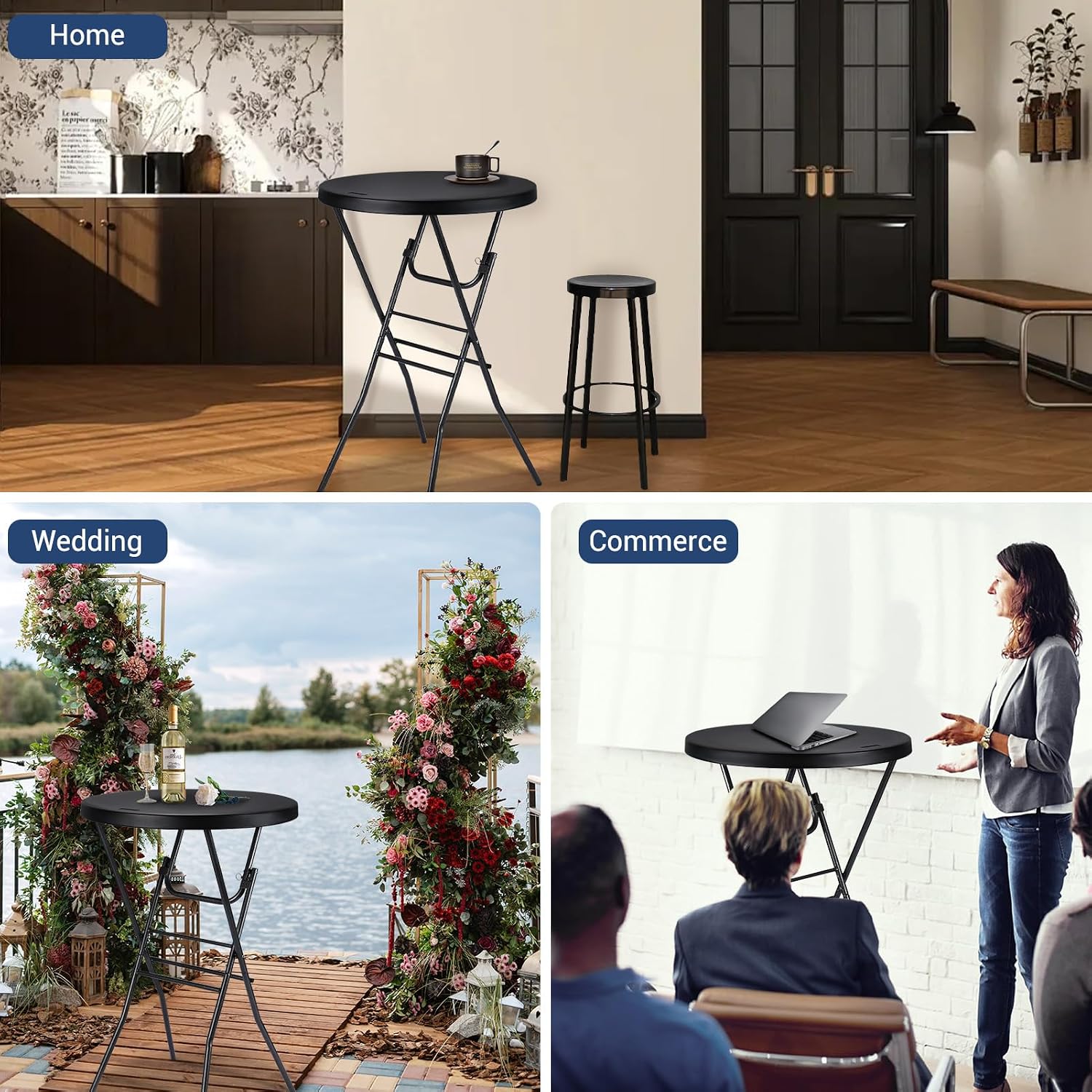 Byliable 28in Cocktail Folding Table, Round High Top Bar Height Black Table | Portable Foldable Design with Removable Legs, Two Folding Methods, HDPE Tabletop, Indoor Outdoor for Parties, Patio, Events