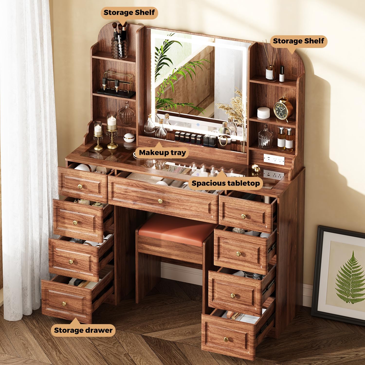 Arulvmrn 43” Wooden Makeup Vanity Set with Mirror and Lighted,Modern Vanity Desk with 9 Drawers,Storage Shelves, and Padded Seat, Dressing Table for Bedroom, Dorm, or Home Beauty Station,Brown