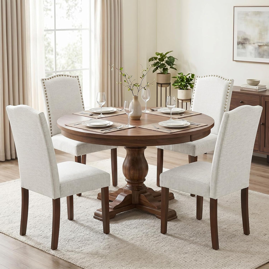 Upholstered Dining Chair Set of 4, Farmhouse Fabric Kitchen Chair | Modern, Padded Seat, Solid Wood Legs, High Back, Nailhead Trim, Living Room, Restaurant, Hotel, Beige