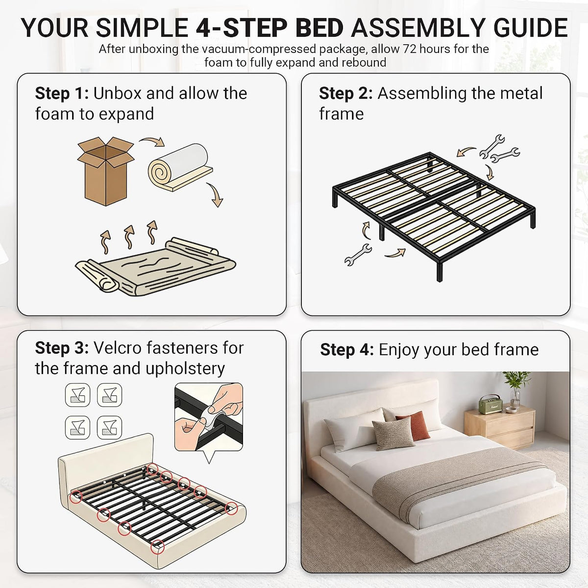 DNYN Queen Cloud Bed Frame with Cushion Headboard and 360° Foam Surround