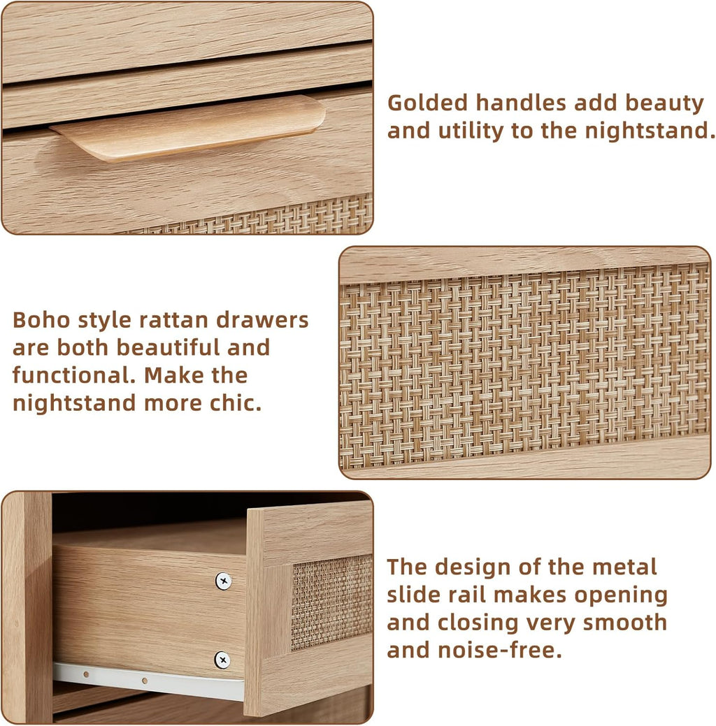 LEYAOYAO 31.5" Wide Rattan Nightstands Set of 2, Large Boho Night Stand | 3 Drawer Bedside Table with Storage, Tall Bed Side End Tables for Bedroom, Living Room, Hallway (Natural)