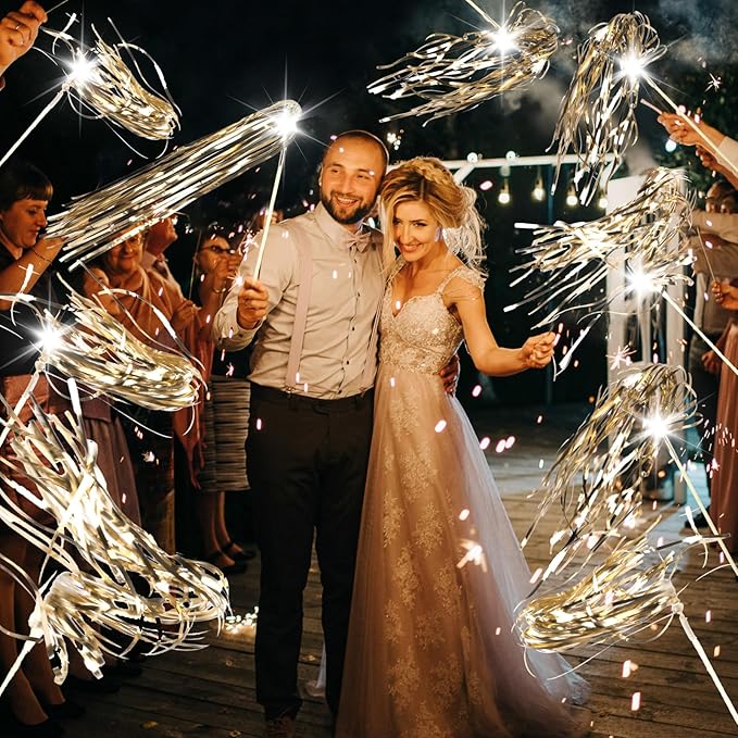 100 pcs Wedding Wands Light up with LED Tinsel Wedding Streamers for Wedding Send off and Greeting Ideal Props for Weddings, Birthday Parties, Christmas Cheerleading Games (Champagne)