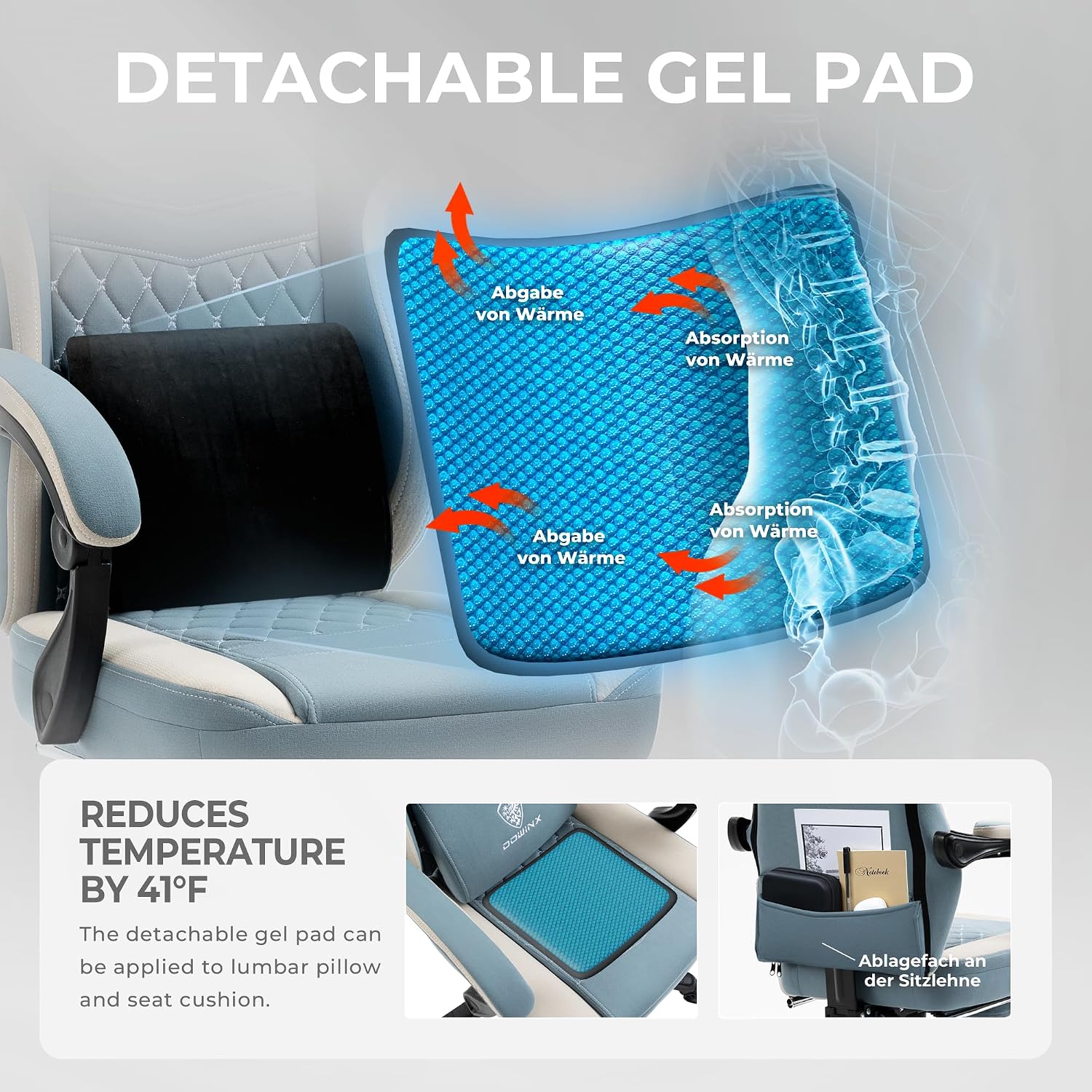Dowinx Gaming Chair Breathable Fabric Game Chair with Gel Pad and Storage Bag, Comfortable Gamer Chair with Pocket Spring Cushion, Ergonomic Computer Chair with Footrest, Blue
