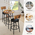 Zevemomo 3 Pieces Round Bar Table Set, Small Dining Table for 2, Modern Kitchen Bar Table, Breakfast Table with Storage, 2 Thickened Cushion Stools with Backrest for Dining Room, Bistro-Brown