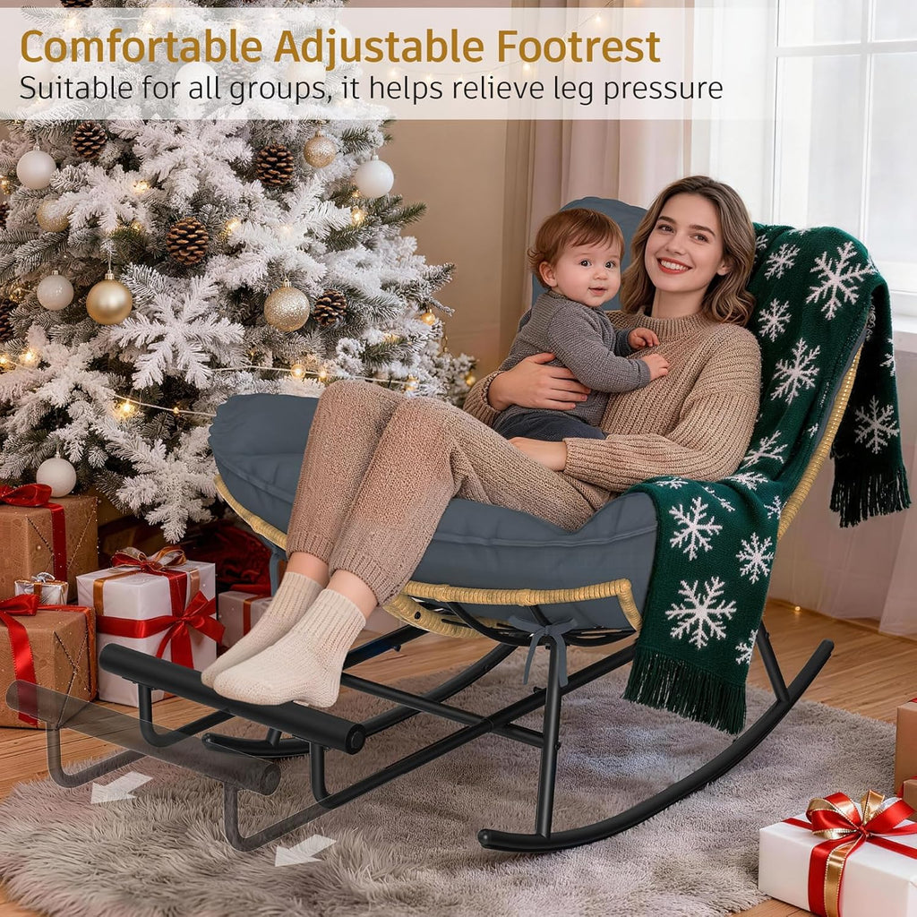 ZENPETIO Papasan Rocking Chair - 500LBS Oversized Rocer with Footrest | Outdoor Papasan Chairs with Thicker Cushion, All-Weather Wicker Rattan Cozy Rocking Chair for Indoor, Balcony, Porch, Garden