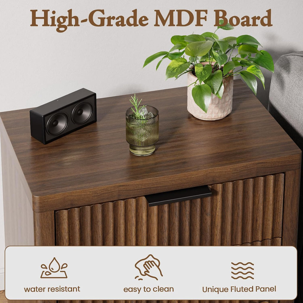 23" Wide Fluted Nightstands Set of 2, Bedroom End Table | Modern Nightstand, Metal Handle, Large Storage Bed Side Table for Bedroom, Living Room, Office, Walnut