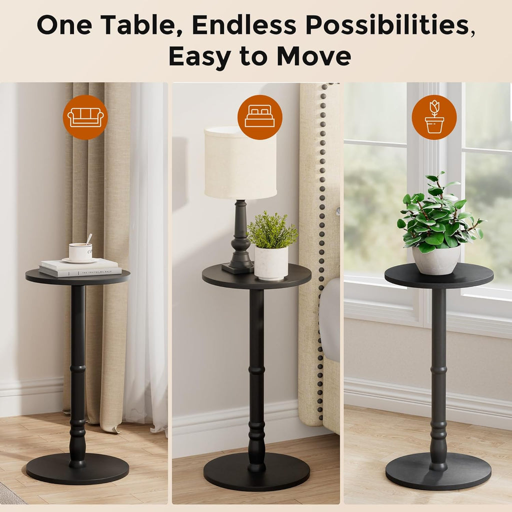 Homleke 12" Round Side Table, Solid Wood Pillar with Wood Top & Base, Small Drink Accent Table for Living Room, Bedroom, Sofa & Office, Easy Assembly, Black