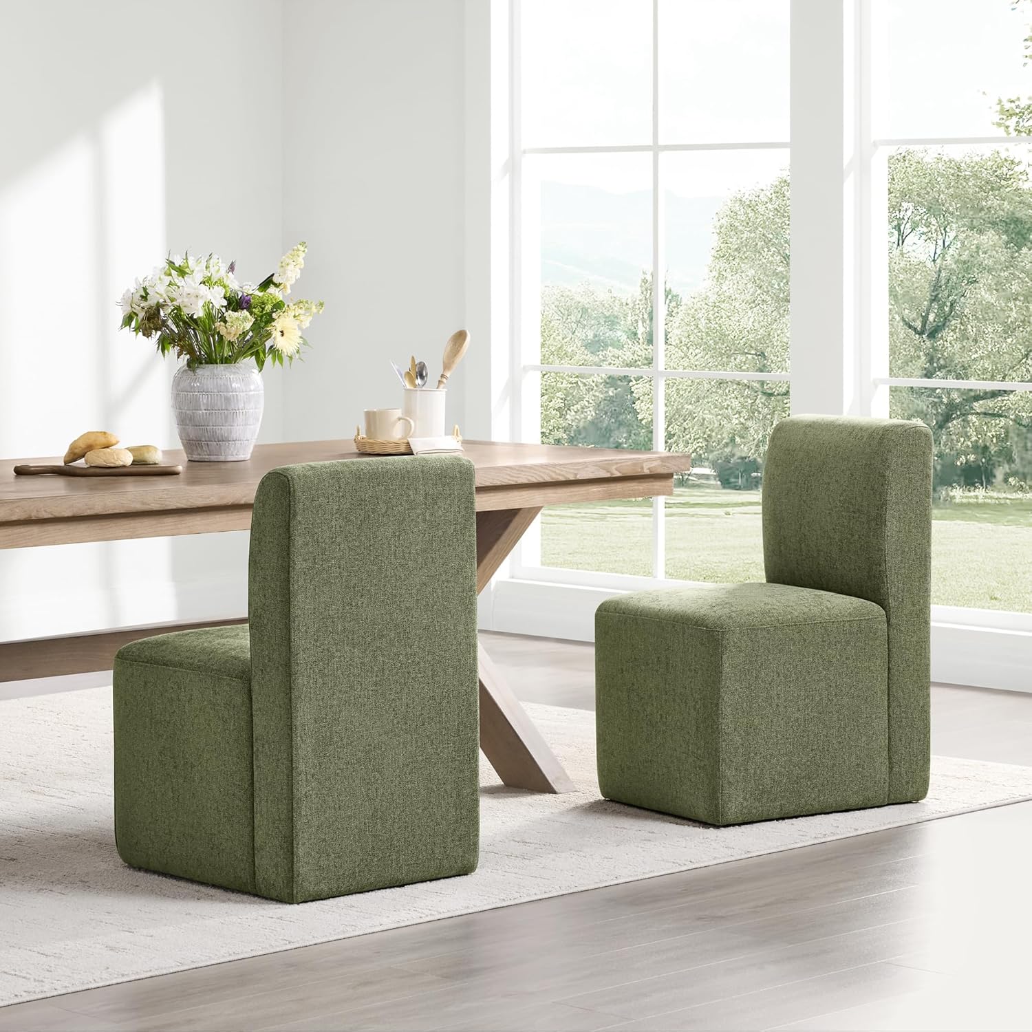 CHITA Dining Chairs with Casters Set of 4, FSC Certified Upholstered Armless Modern Rolling Dining Chairs with Rollers for Bedroom Reading Room Living Room, Fully Assembled, Moss Green