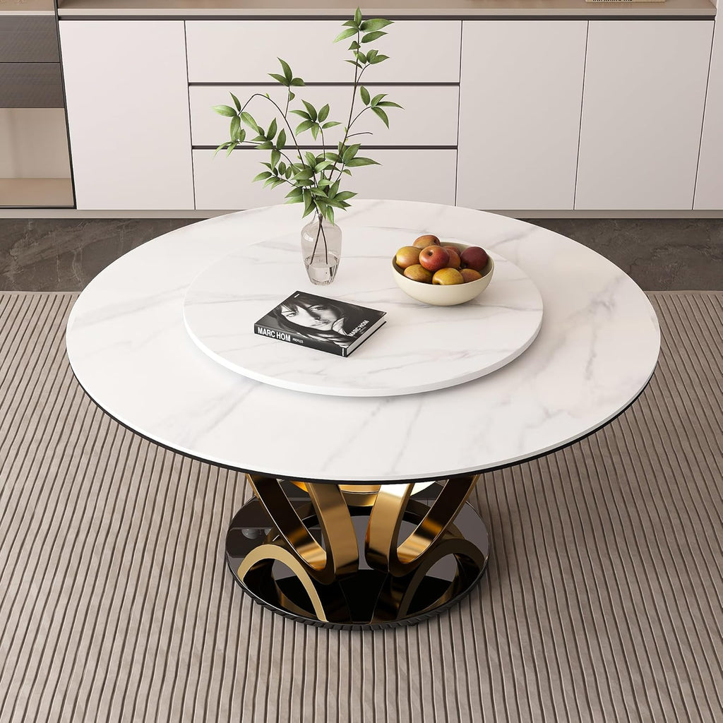 59" Round Dining Table with 360° Rotating Lazy Susan, Scratch & Heat Resistant Sintered Stone Tabletop, Marble Style Kitchen Dining Table, Perfect for Dining Room