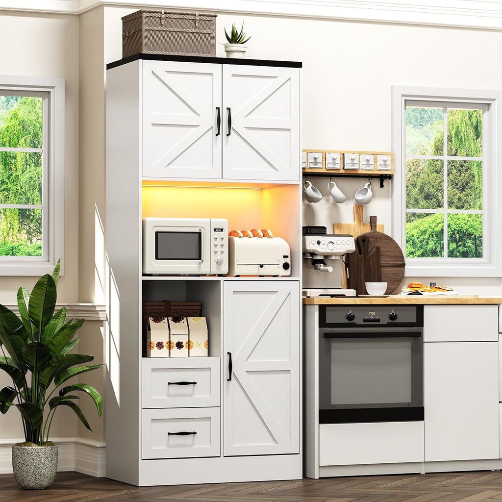 Kitchen Pantry Storage Cabinet with LED Lights and Power Strip, Tall Farmhouse Kitchen Pantry with Barn Doors and Drawers, Adjustable Shelves for Dining Living Room (White)