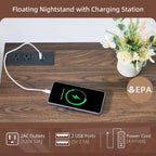 BuildHom Floating Nightstand Set of 2 with Charging Station, Walnut | Wall Mounted Side End Table with Drawer, Modern Fluted Design, 21 inch Larger Storage Night Stand with Outlet for Bedroom