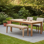 Outdoor Backless Bench, All-Weather Wicker & Solid Acacia Wood, Premium Garden Bench with Woven Rattan Seat and Thick Outdoor Cushion for Patio, Porch, Living Room or Entryway (Natural, PE Wicker).