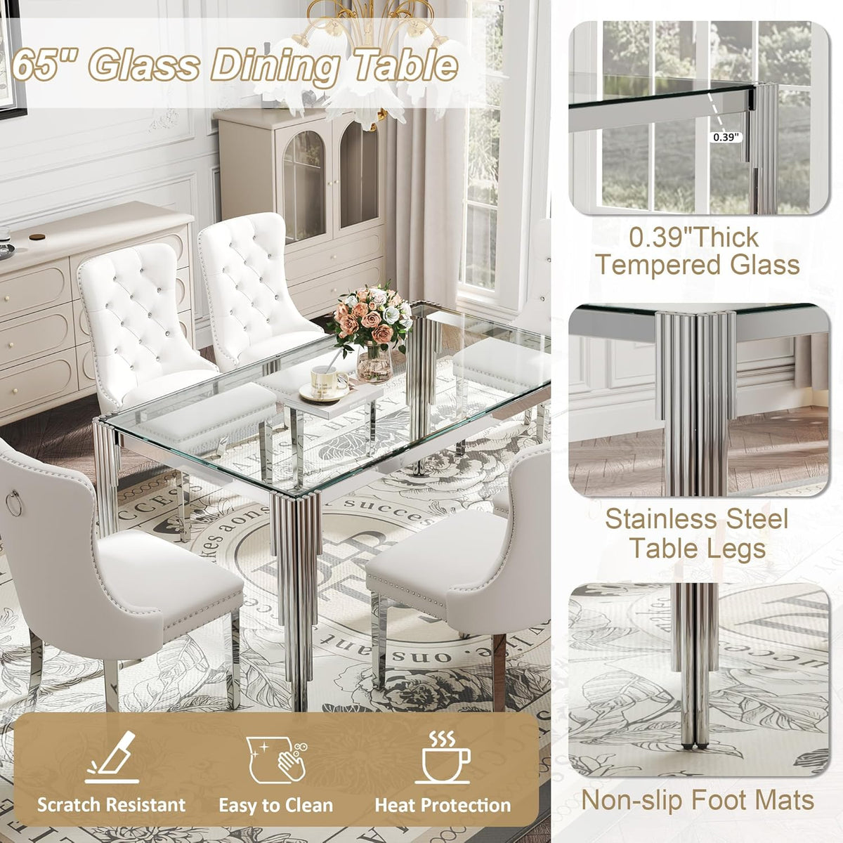 Modern Rectangle Glass Dining Table, 65" Clear Tempered Glass Desktop with Silver Mirrored Stainless Steel Legs, Stylish Elegant for 6 People, for Kitchen, Living Room, Office