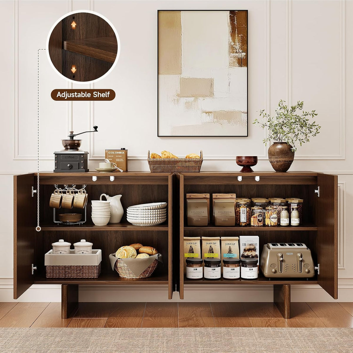 ONBRILL 63" Fluted Sideboard Cabinet with Storage Adjustable Shelves Walnut