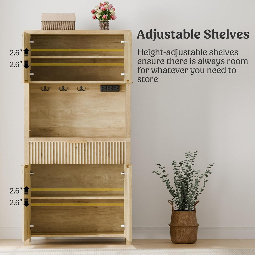Lulive 71" Fluted Pantry Cabinet with Charging Station, Natrual | Adjustable Shelves, Open Countertop, Drawer, Spacious Kitchen Storage