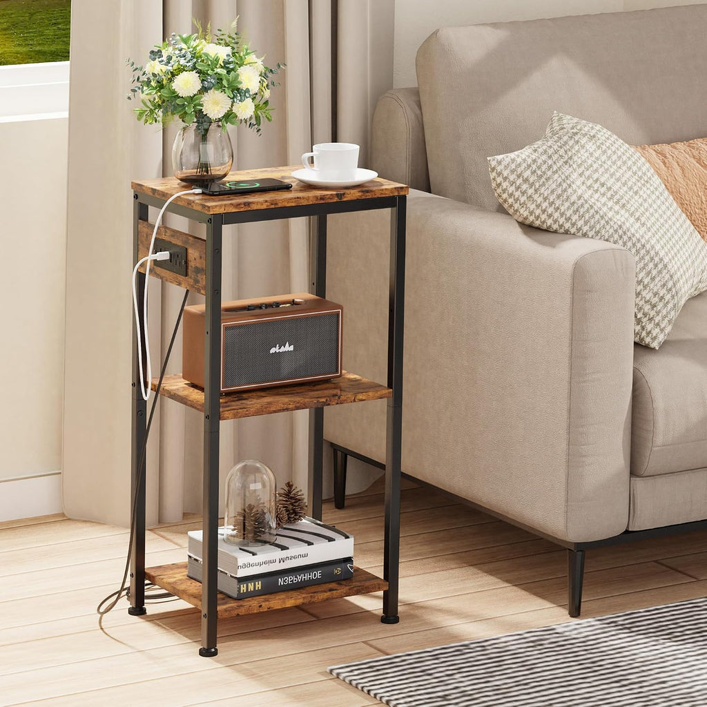 Side Table with Charging Station, Nightstand with USB Ports and Outlets, Tall Side Table with 3 Storage Shelves, Small Entry Table for Living Room, Bedroom, Sofa Couch, Hallway, Office, Rustic Brown