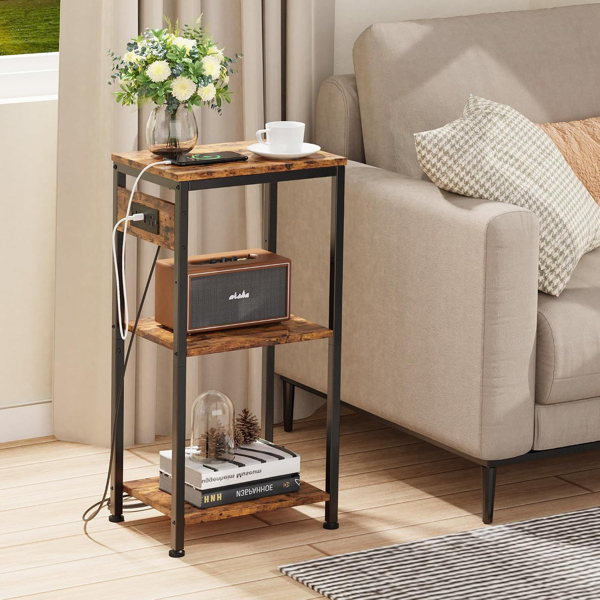 Side Table with Charging Station, Nightstand with USB Ports and Outlets, Tall Side Table with 3 Storage Shelves, Small Entry Table for Living Room, Bedroom, Sofa Couch, Hallway, Office, Rustic Brown
