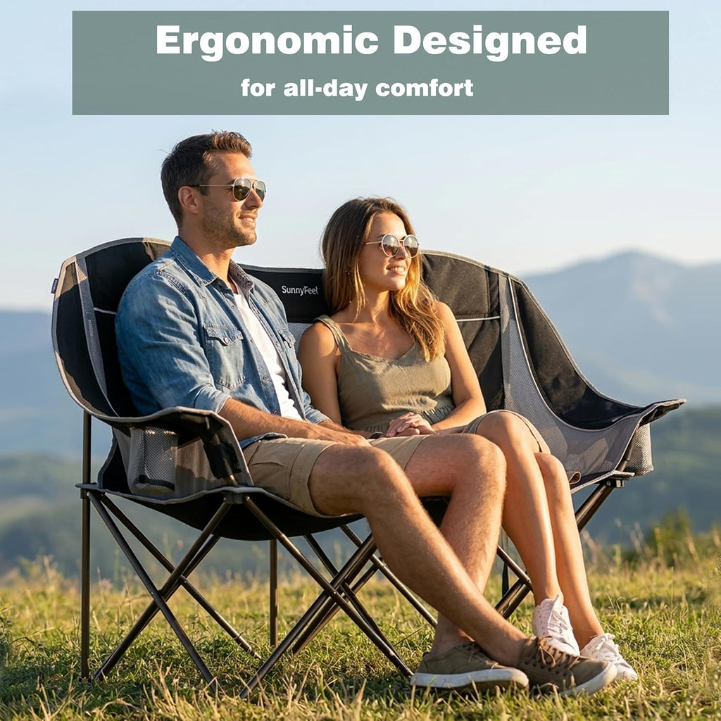 SUNNYFEEL Double Camping Chair Portable Folding Loveseat for 2 Adults Heavy Duty Oversized Camping Couch 600 lbs with Cup Holders & Storage for Outdoor Camping, Beach, Lawn, Patio RV & Indoor Use