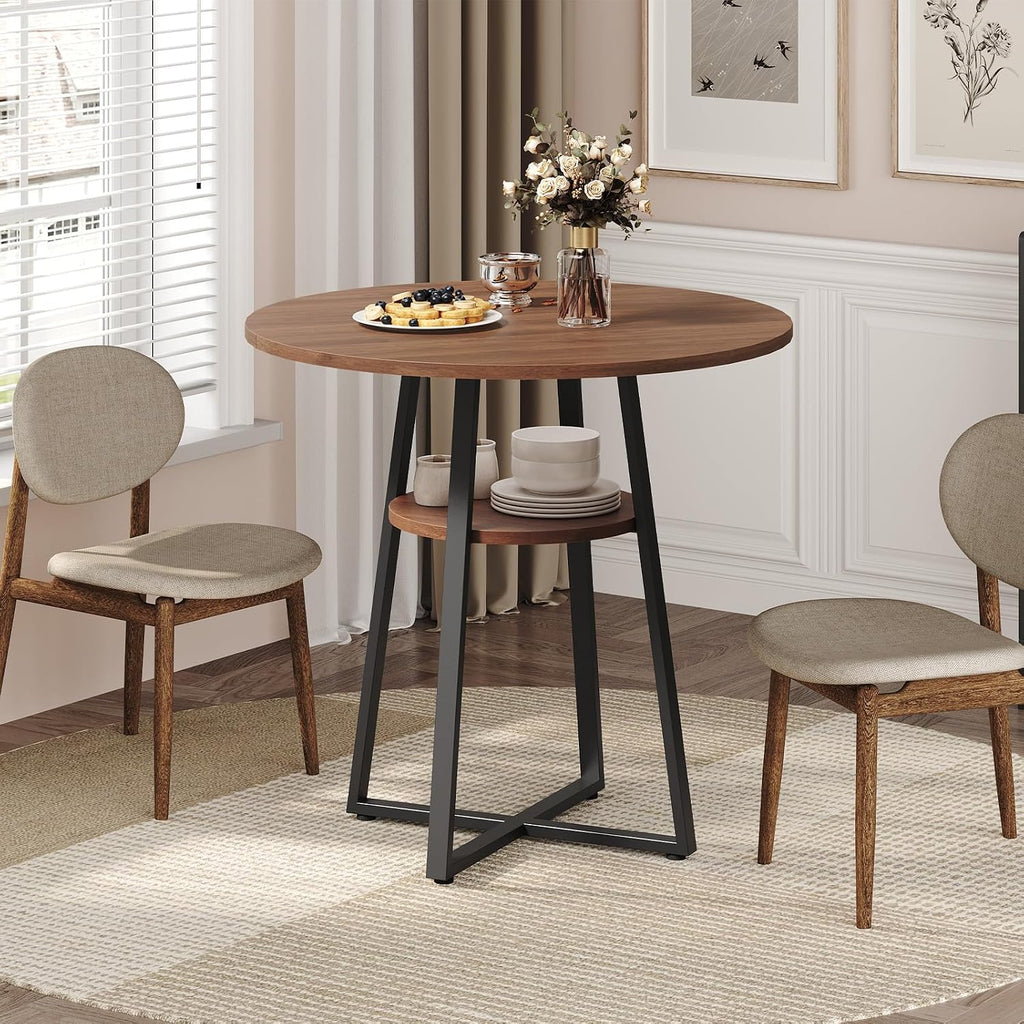 MAHANCRIS 31.5" Round Dining Table for 2-4, Farmhouse Kitchen Table with Storage Shelf, Small Circle Dining Table Space Saving, for Dining Room, Kitchen, Living Room, Walnut and Black DTHZ8201