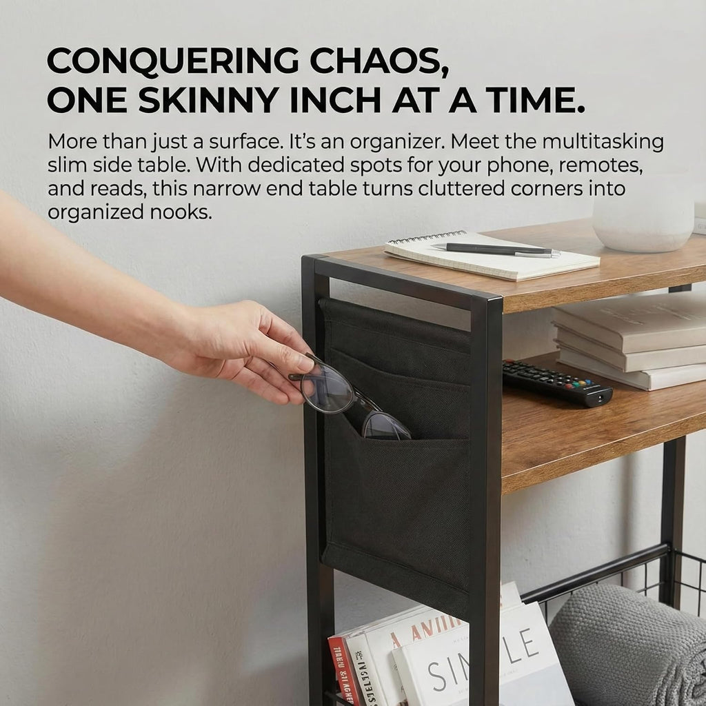 Skinny Side Table with Storage, 3 Tier Slim Side Tables for Small Spaces, Skinny End Table Narrow Bedside Table Narrow Side Table for Living Room, Bedroom