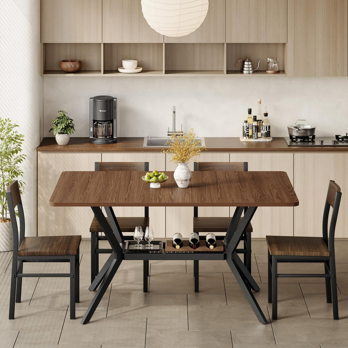 55 inch Dining Table for 4-6, Rectangle Kitchen Table with Storage Shelf, Space Saving Modern Farmhouse Design with Sturdy Metal Legs for Dining Room & Small Apartments