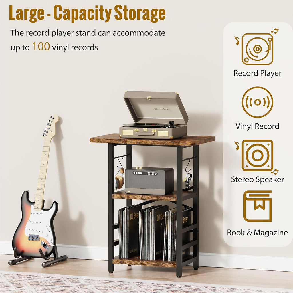 YAKANJ Record Player Stand with Extended Desktop,Large Record Player Table with Vinyl Storage,Tall Turntable Stand with Record Holder Vinyls Display Shelf for Music Room Studio, Rustic Brown