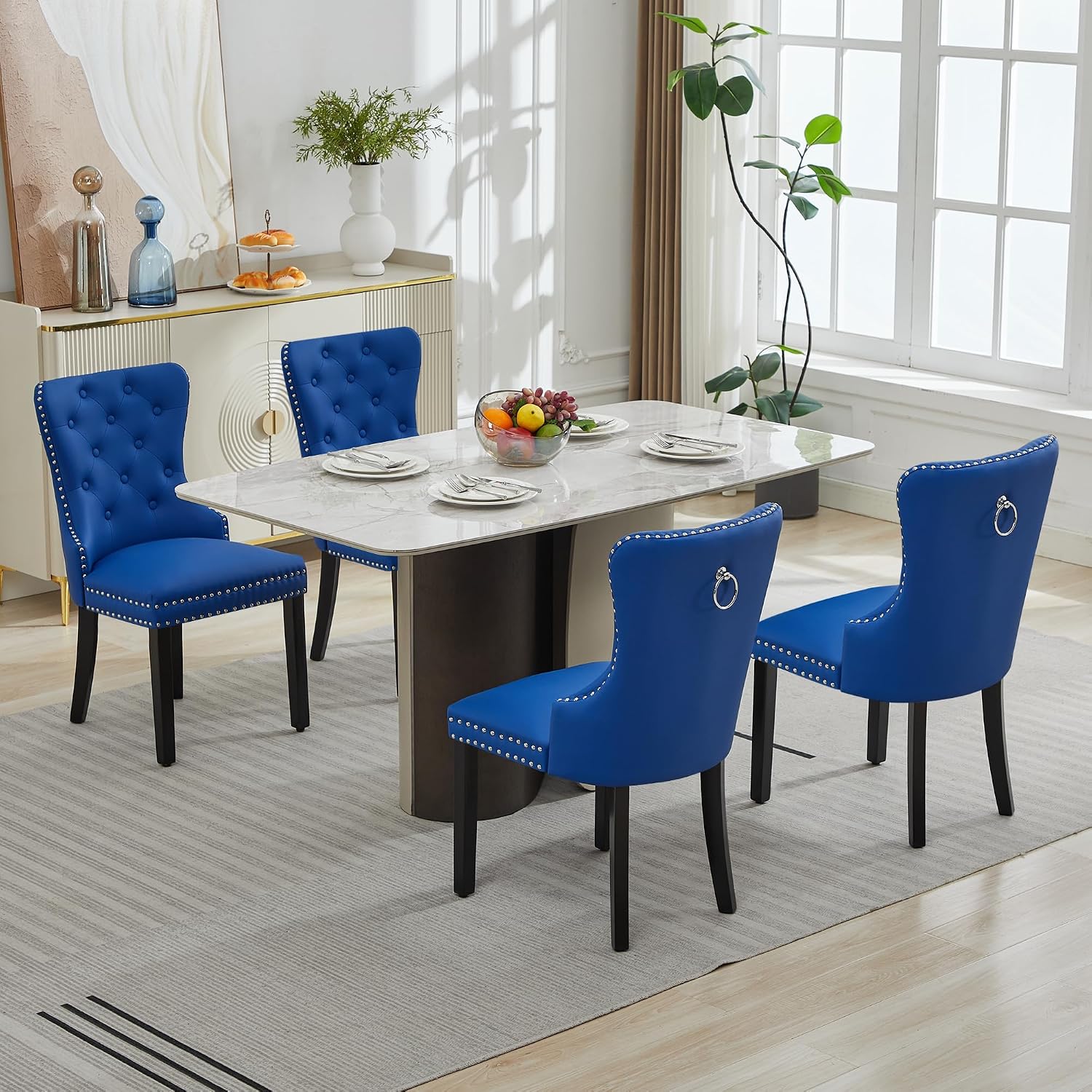 adochr PU Leather Dining Chairs Set of 2, Tufted Upholstered Dining Room Chair with Pull Ring & Solid Wood Legs, Blue