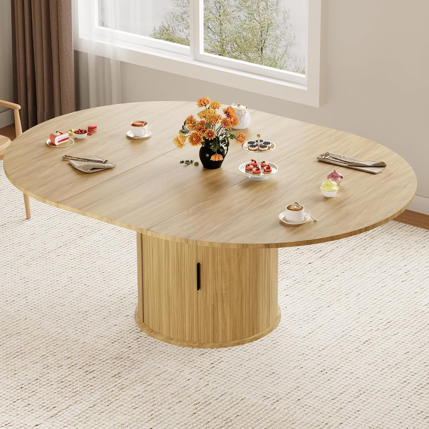 Dining Table for 4-6,59“Extendable Round Dining Room Kitchen Table with Storage,Round Table for Living Room,Fluted Wood Table with Slide Door,Expandable Oval Dinner Furniture with Pedestal Base,Oak