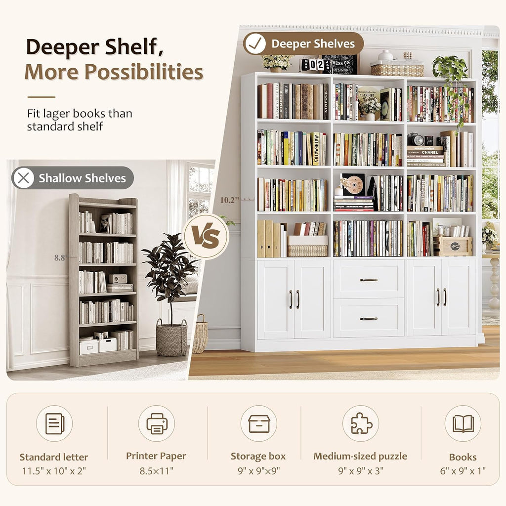 HOSTACK 71" Tall Triple Wide Bookshelf with Storage Drawers & Doors, White