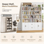 HOSTACK 71" Tall Triple Wide Bookshelf with Storage Drawers & Doors, White
