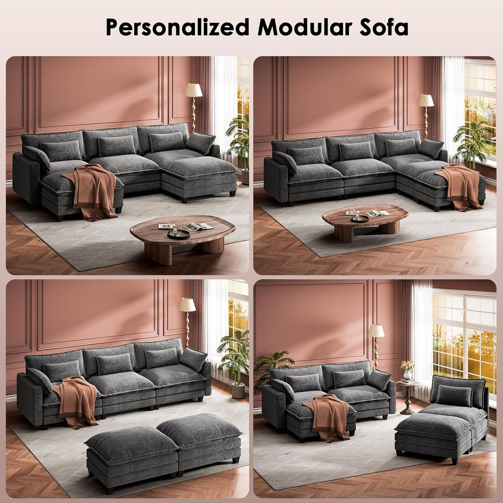 Marsail Modular Sectional Sofa 110.6" U-Shaped Modern Comfy Cloud Couch, 5-Seat Chenille Deep Seat Sofa with Throw Pillow & Movable Ottoman for Living Room, Bedroom and Apartment, Slate Gray