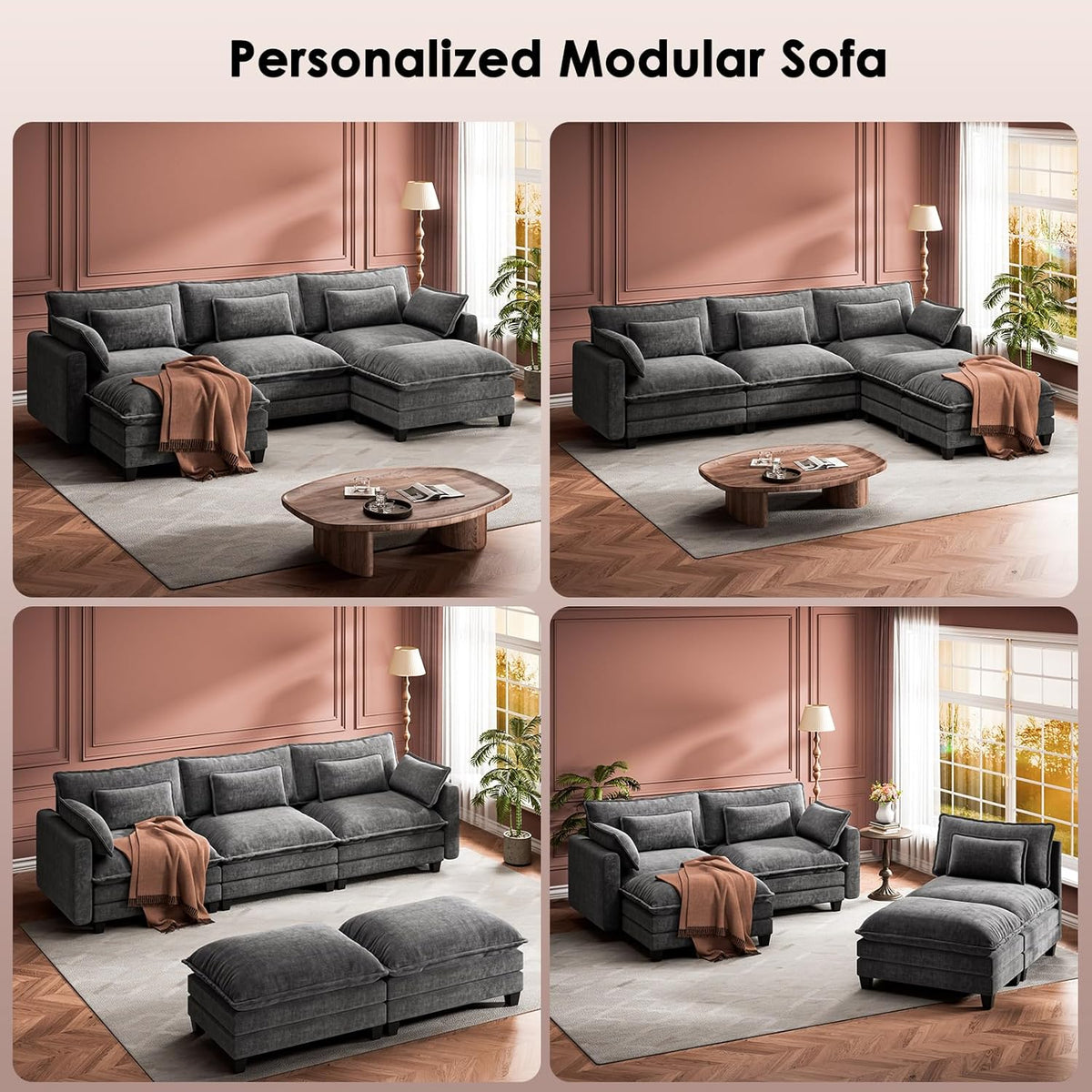 Marsail Modular Sectional Sofa 110.6" U-Shaped Modern Comfy Cloud Couch, 5-Seat Chenille Deep Seat Sofa with Throw Pillow & Movable Ottoman for Living Room, Bedroom and Apartment, Slate Gray