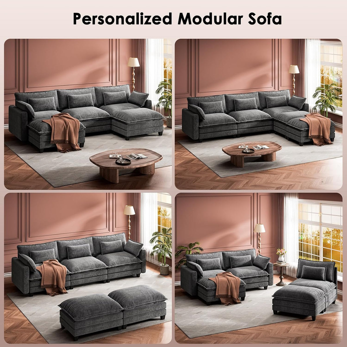 Marsail 110.6" Modular Sectional Sofa, 5-Seat Chenille Couch with Deep Seat, Ottoman & Throw Pillows, U-Shaped Couch for Living Room, Grey