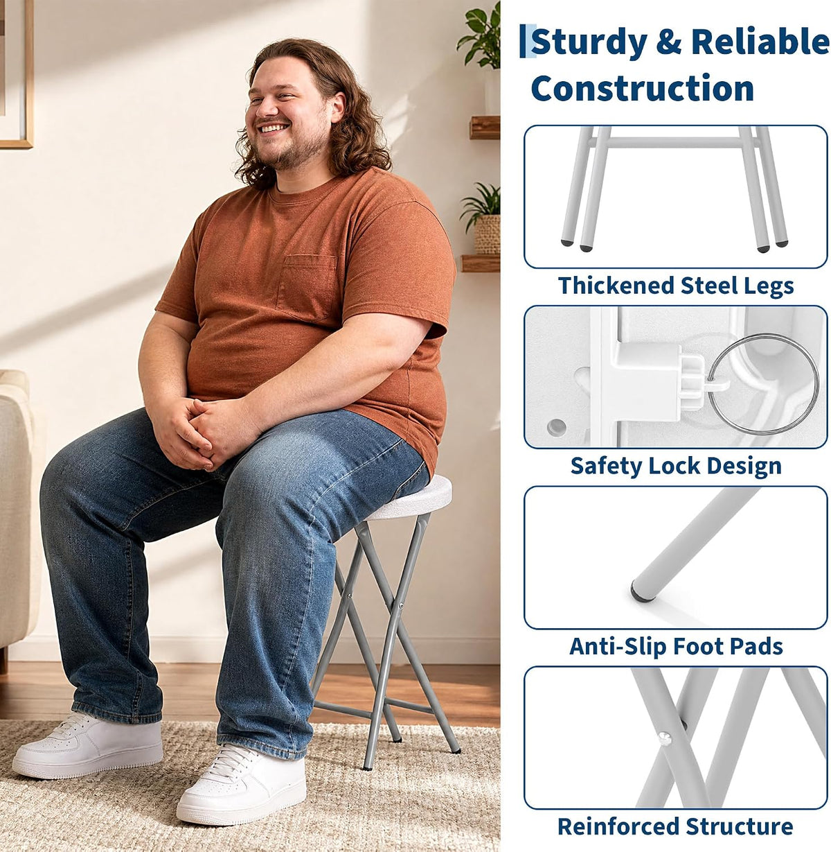 Garvee Folding Stool with Handle 24 Inch Tall Folding Bar Stool with Safety Lock, Metal and Plastic Foldable Stool 400lbs Capacity for Outdoor Indoor Kitchen Home Bar, Assembly Free, 1 Pack, White
